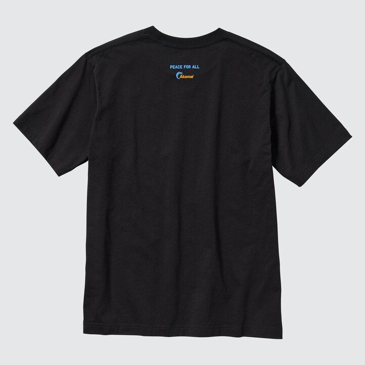 svarta uniqlo peace for all graphic akamai technologies t-shirts för kvinnor