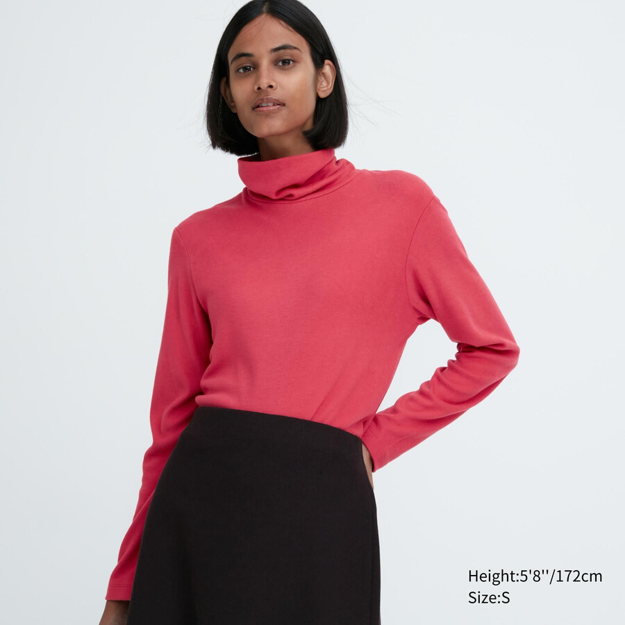 röda uniqlo heattech fleeceärmade termo-t-shirts för dam