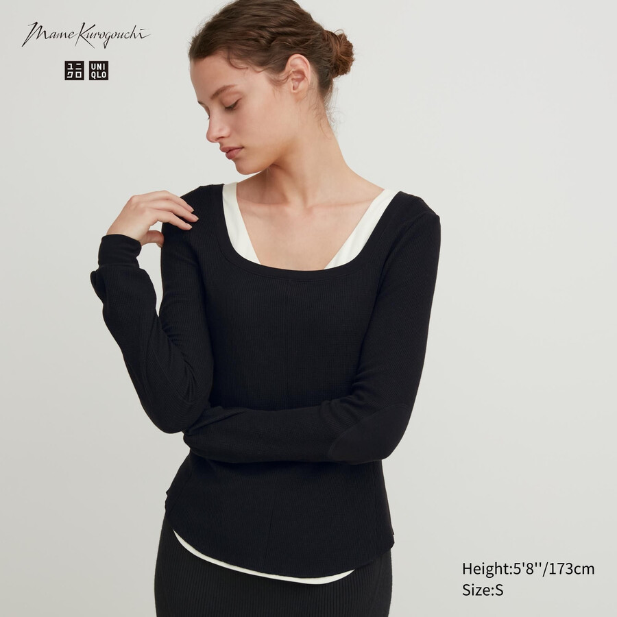 uniqlo heattech extra varm våffelmönstrad termo t-shirt med fyrkantig halsringning dam svart