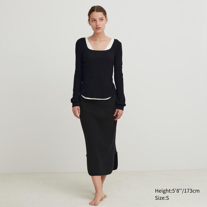 uniqlo heattech extra varm våffelmönstrad termo t-shirt med fyrkantig halsringning dam svart
