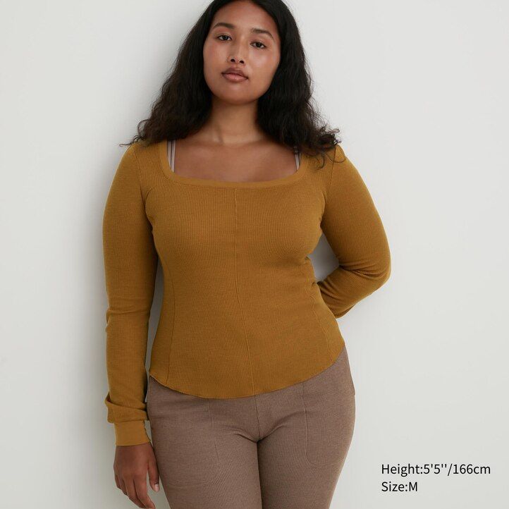 uniqlo heattech extra varm våffelmönstrad termo t-shirt med fyrkantig halsringning dam svart