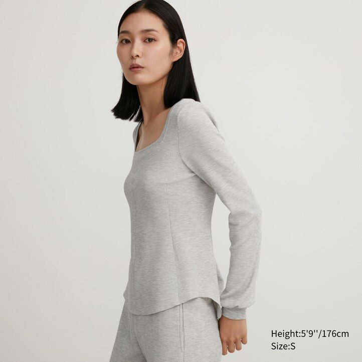 uniqlo heattech extra varm våffelmönstrad termo t-shirt med fyrkantig halsringning dam svart