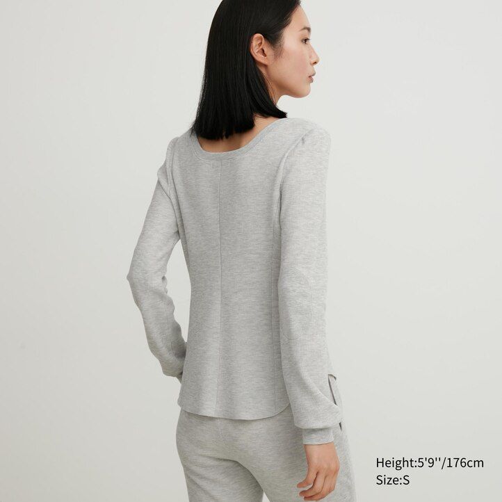 uniqlo heattech extra varm våffelmönstrad termo t-shirt med fyrkantig halsringning dam svart
