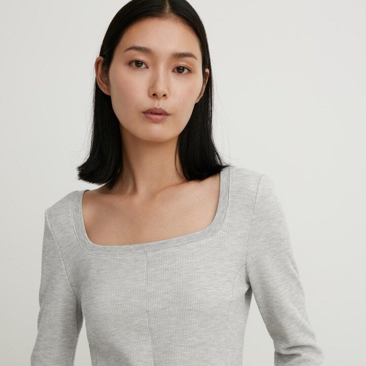 uniqlo heattech extra varm våffelmönstrad termo t-shirt med fyrkantig halsringning dam svart
