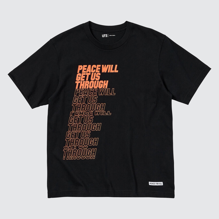 svarta uniqlo peace for all graphic shingo kunieda t-shirts för kvinnor