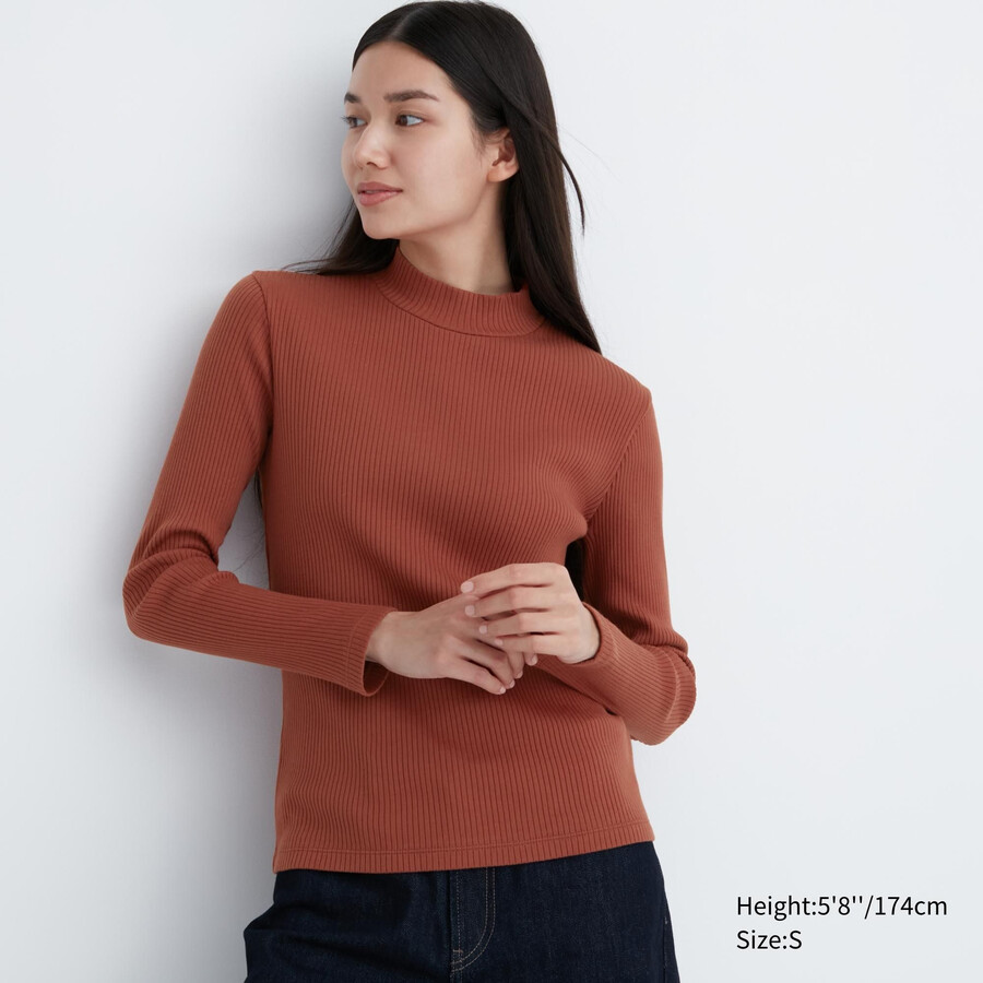 uniqlo ribbade t-shirts med hög halsringning och mörkorange för kvinnor