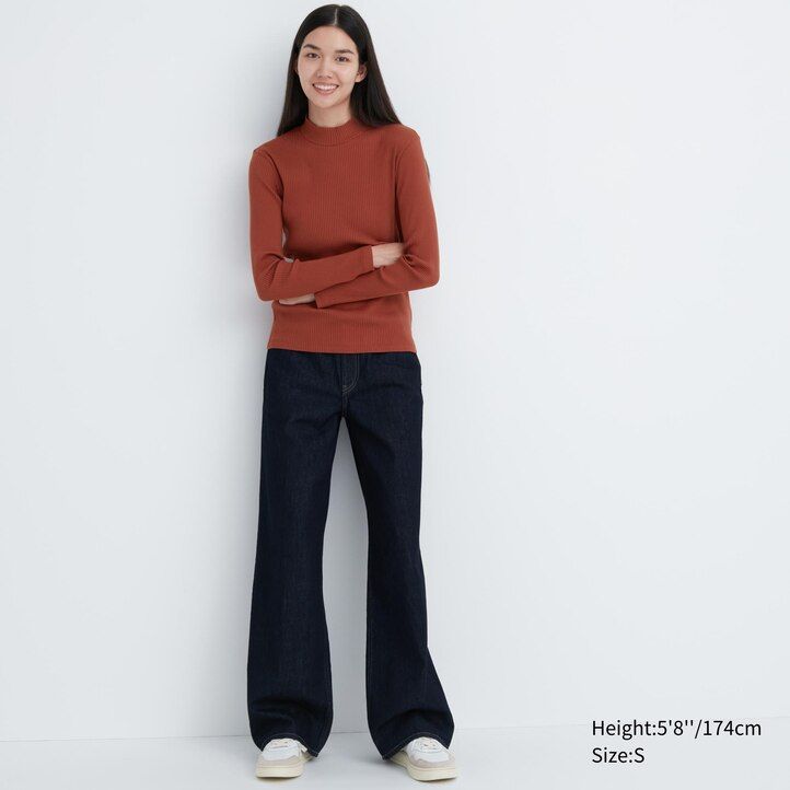 uniqlo ribbade t-shirts med hög halsringning och mörkorange för kvinnor