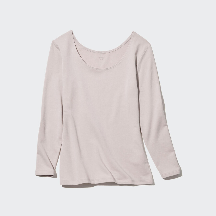 ljusgrå uniqlo heattech extra varma bomulls-t-shirts med rundringning och Ärmar för dam