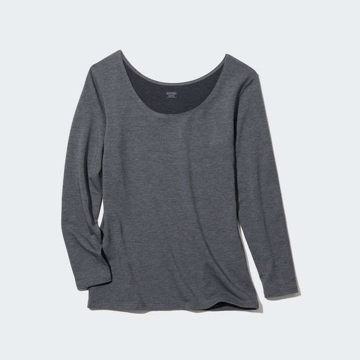 ljusgrå uniqlo heattech extra varma bomulls-t-shirts med rundringning och Ärmar för dam