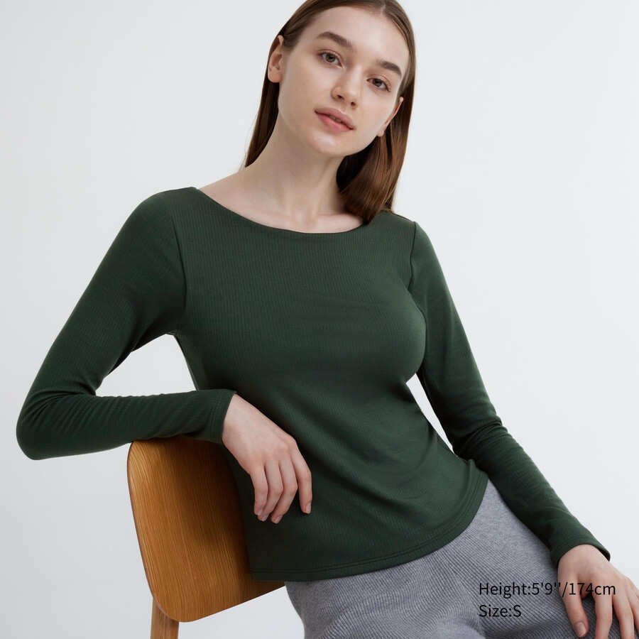 mörkgröna uniqlo heattech ribbade termo-t-shirts med rund halsringning och ärmar för kvinnor