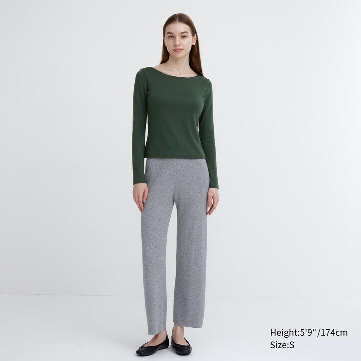 mörkgröna uniqlo heattech ribbade termo-t-shirts med rund halsringning och ärmar för kvinnor