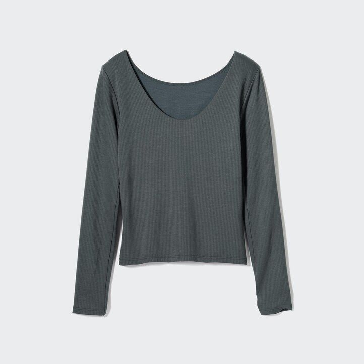 mörkgröna uniqlo heattech ribbade termo-t-shirts med rund halsringning och ärmar för kvinnor