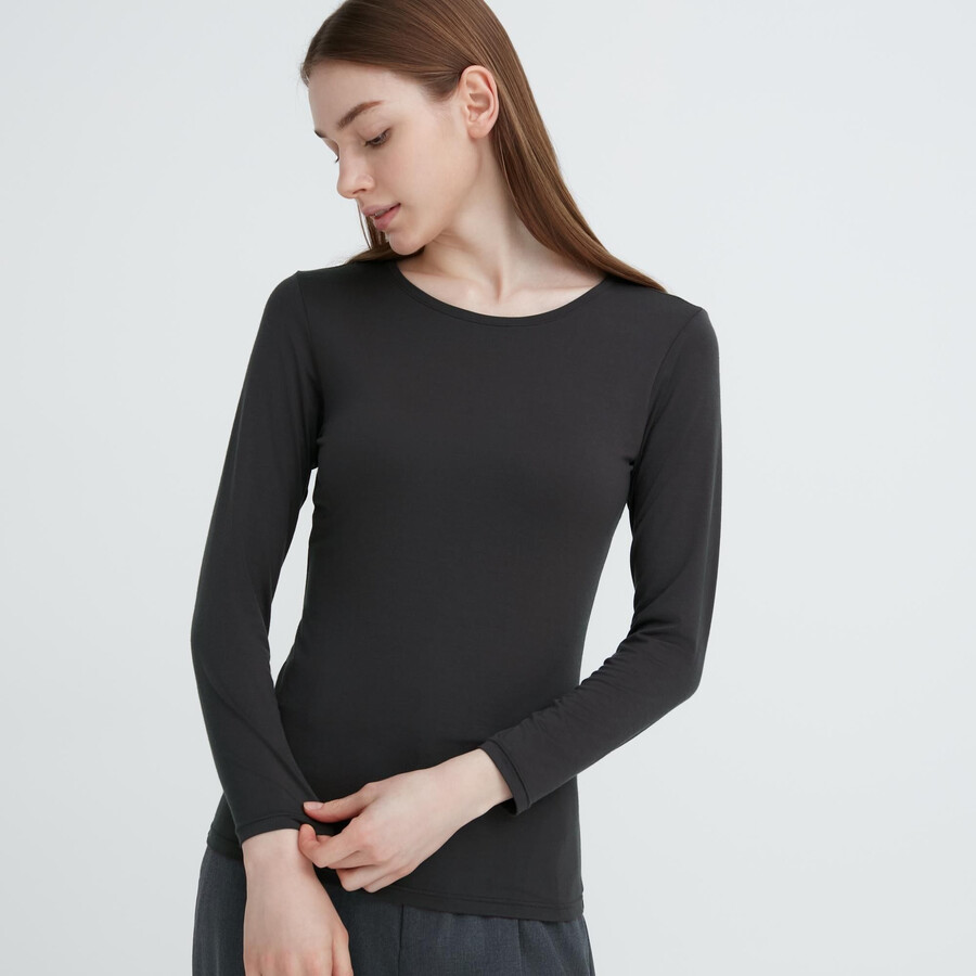 mörkgrå uniqlo heattech termo-t-shirts med rund hals och ärmar för damer