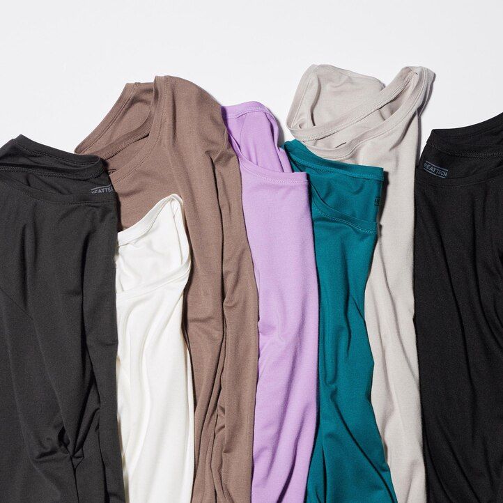 mörkgrå uniqlo heattech termo-t-shirts med rund hals och ärmar för damer