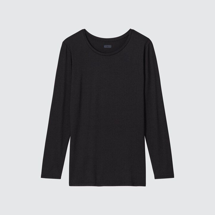 mörkgrå uniqlo heattech termo-t-shirts med rund hals och ärmar för damer