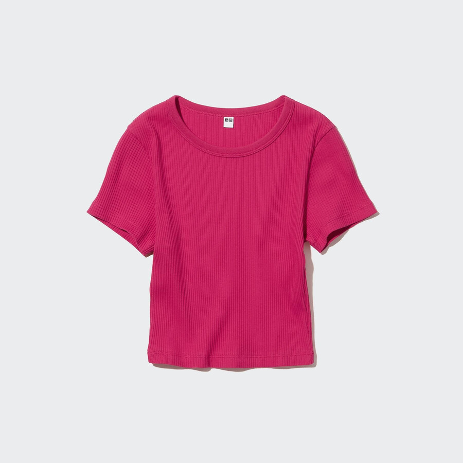 rosa uniqlo ribbade korta rundhalsade t-shirts för kvinnor