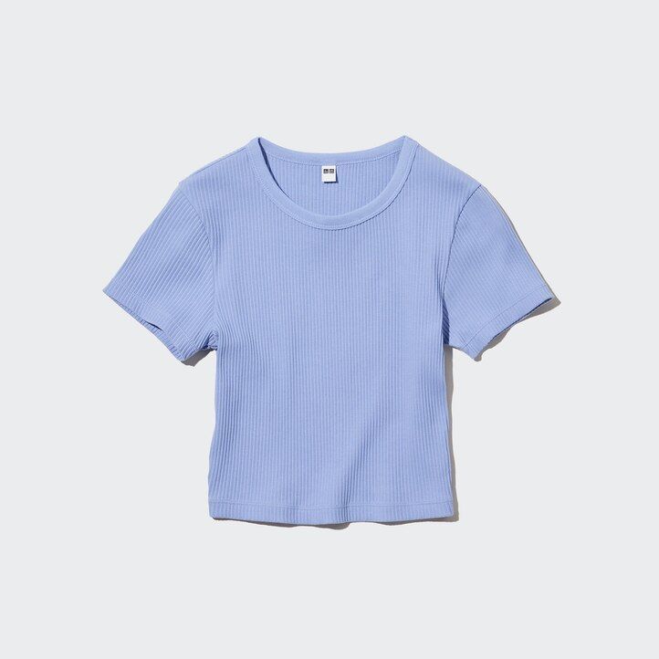 rosa uniqlo ribbade korta rundhalsade t-shirts för kvinnor