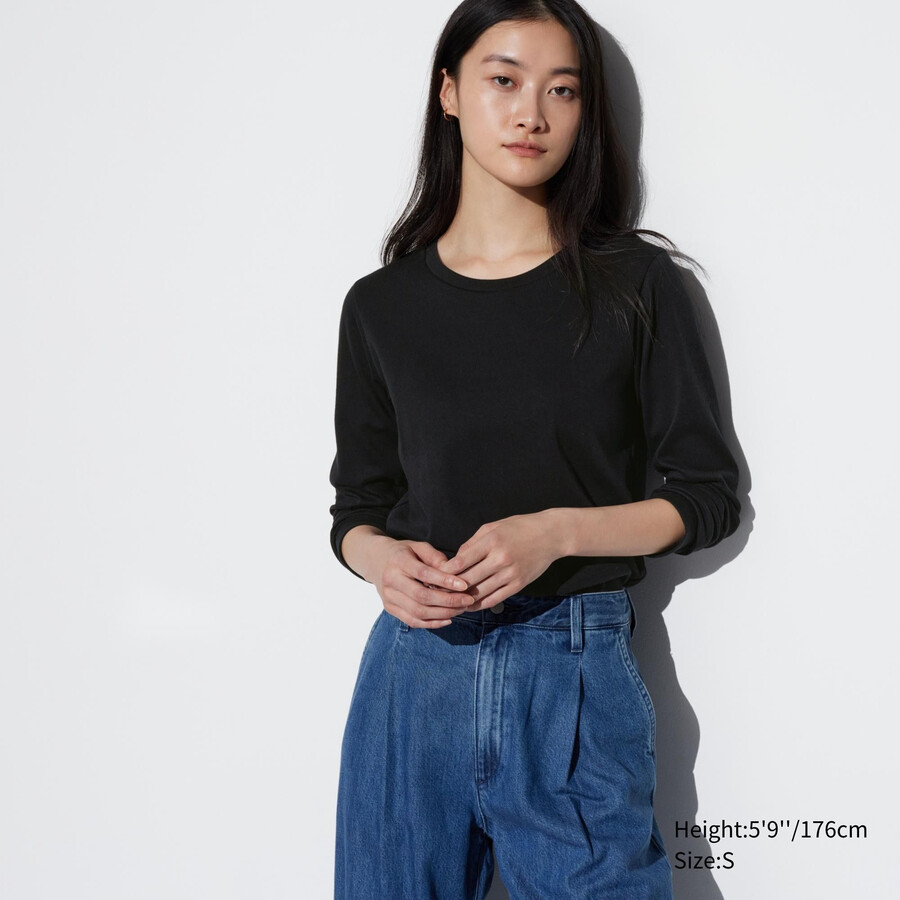 uniqlo slät bomull stretch rund hals Ärm dam t-shirts svarta