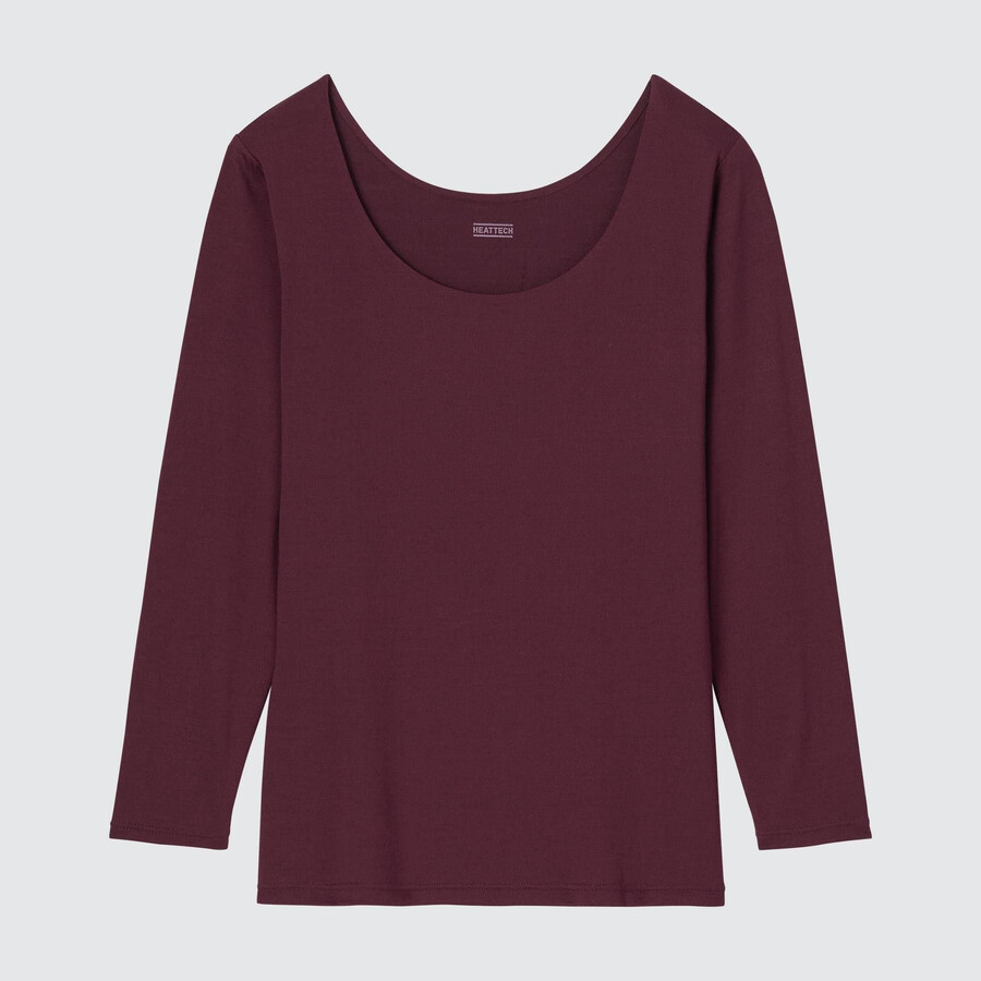 vinröda uniqlo heattech termo-t-shirts med rund halsringning och ärmar för kvinnor