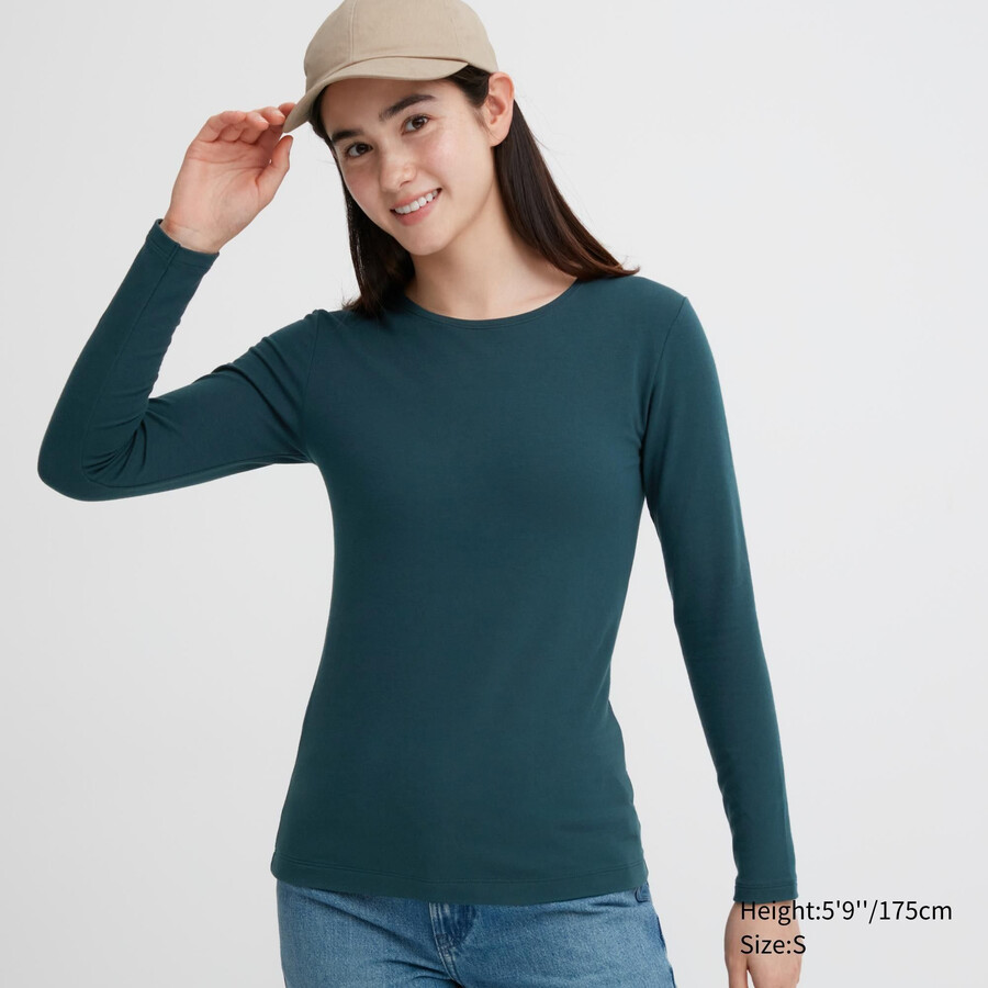 mörkgröna uniqlo heattech extra varma bomulls-t-shirts med rund hals och Ärmar för dam