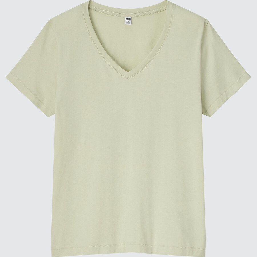 ljusgröna uniqlo 100 supima bomulls-t-shirts med v-ringning för kvinnor