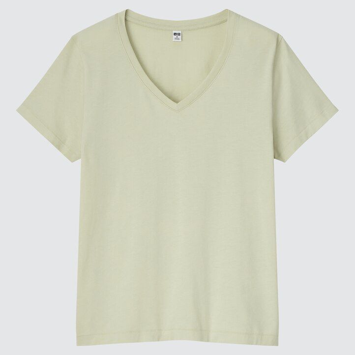 ljusgröna uniqlo 100 supima bomulls-t-shirts med v-ringning för kvinnor