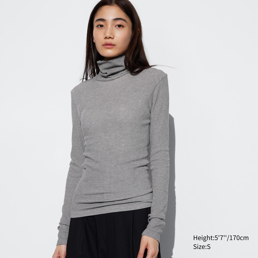 vita uniqlo heattech extra varma sömlösa ribbade randiga Ärmar termo-t-shirts för dam