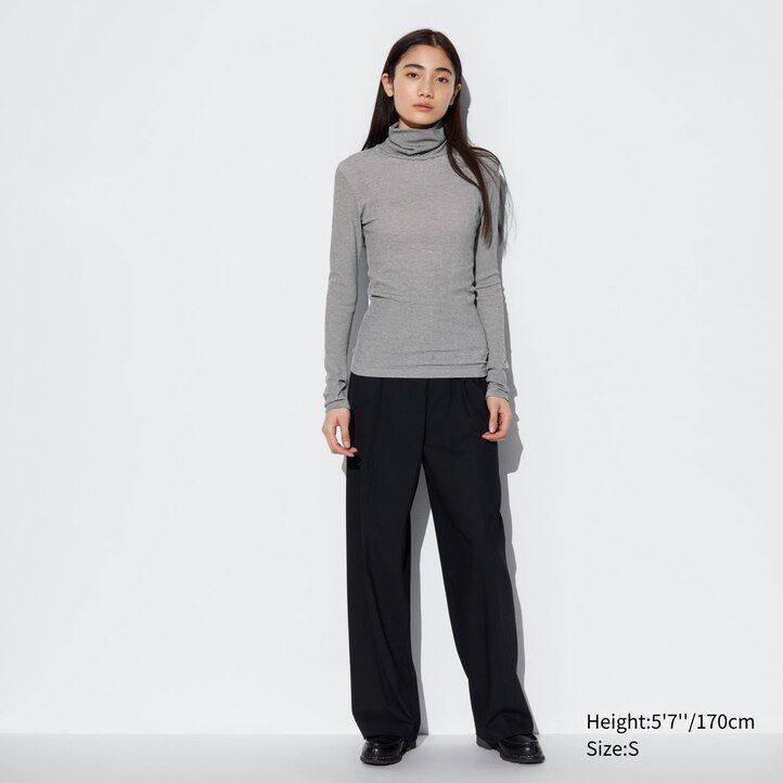 vita uniqlo heattech extra varma sömlösa ribbade randiga Ärmar termo-t-shirts för dam
