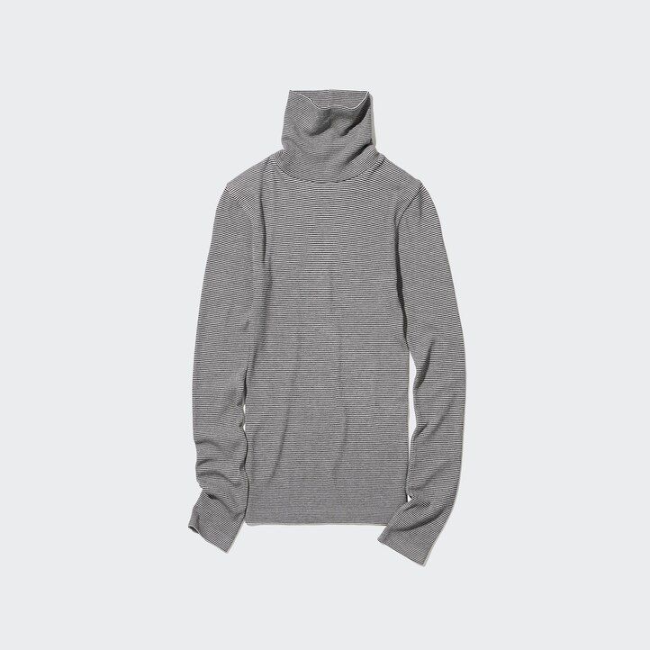 vita uniqlo heattech extra varma sömlösa ribbade randiga Ärmar termo-t-shirts för dam