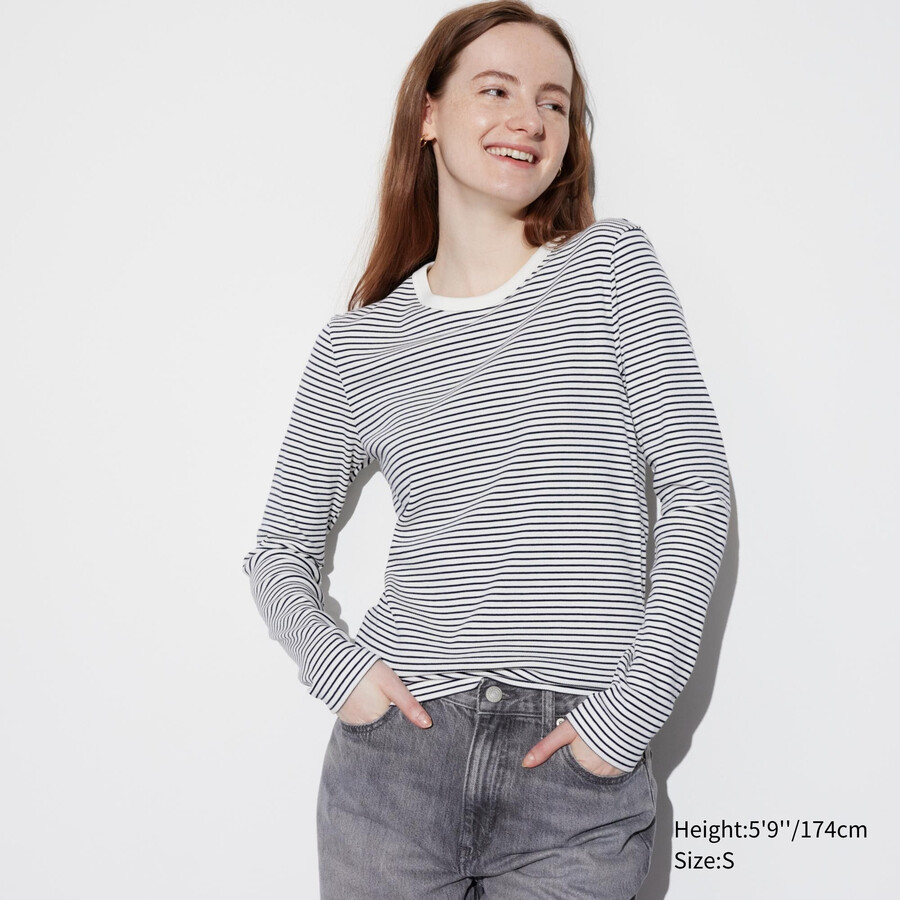 vita uniqlo mjuka ribbade åtsittande randiga t-shirts med rund halsringning och ärmar för dam