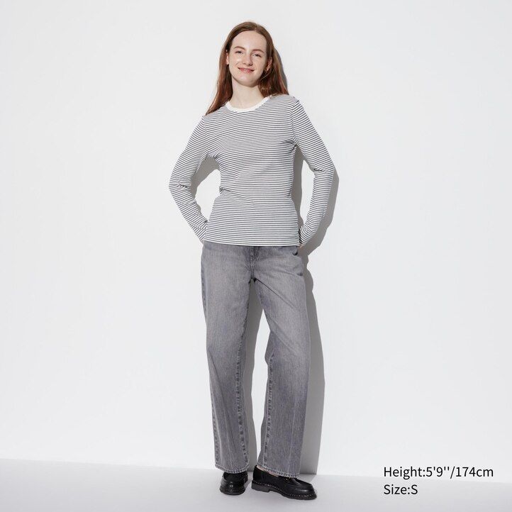 vita uniqlo mjuka ribbade åtsittande randiga t-shirts med rund halsringning och ärmar för dam