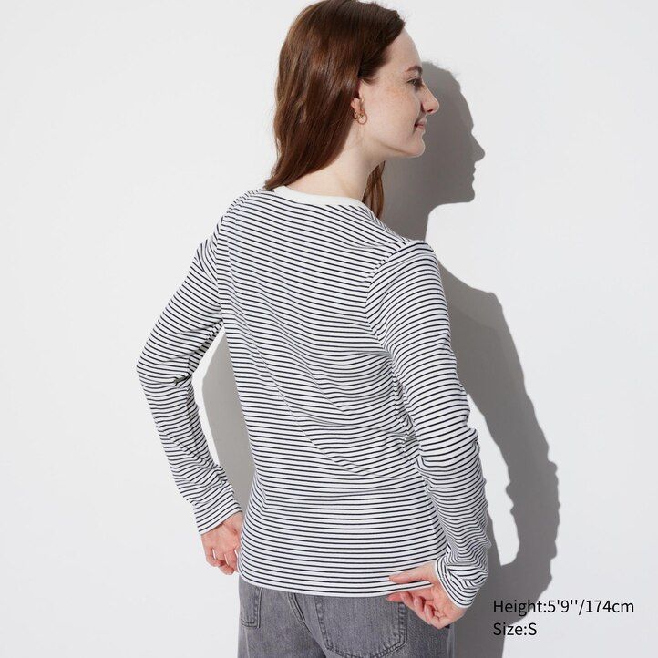 vita uniqlo mjuka ribbade åtsittande randiga t-shirts med rund halsringning och ärmar för dam