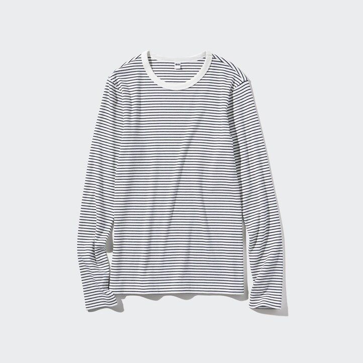 vita uniqlo mjuka ribbade åtsittande randiga t-shirts med rund halsringning och ärmar för dam