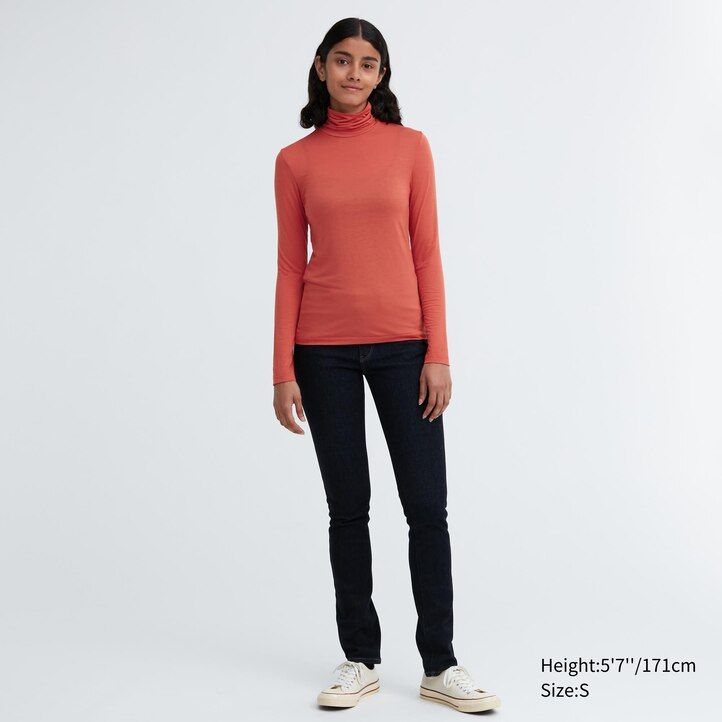 orange uniqlo heattech ultralätta termo-t-shirts med ärmar för damer