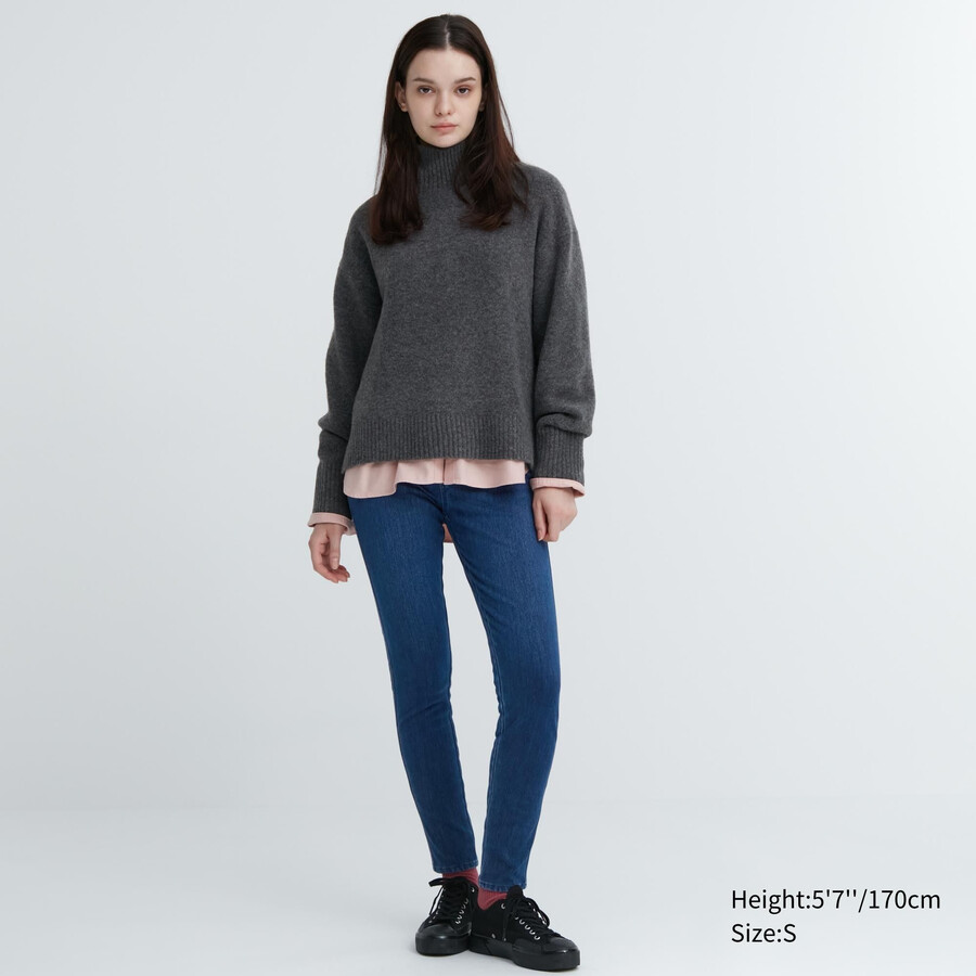blå uniqlo heattech ultra stretch denim high rise damtopp