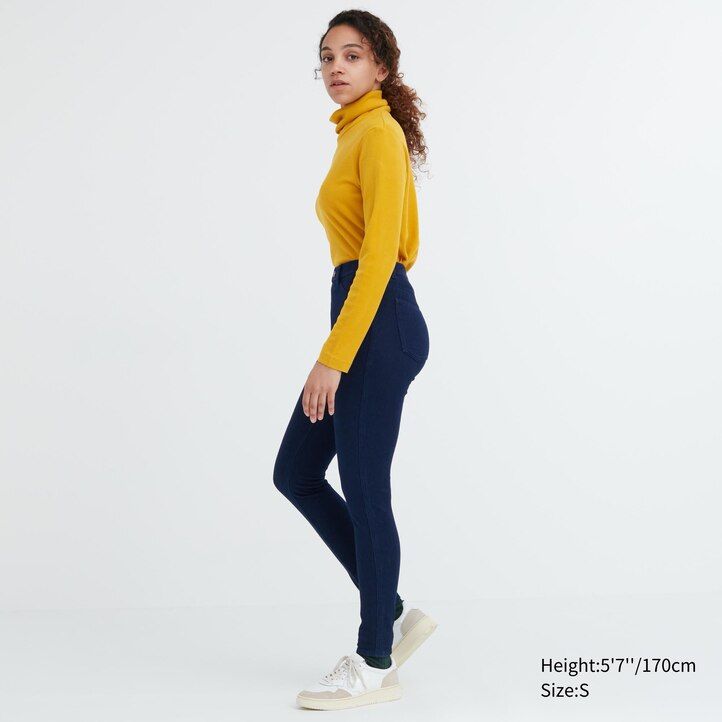 blå uniqlo heattech ultra stretch denim high rise damtopp