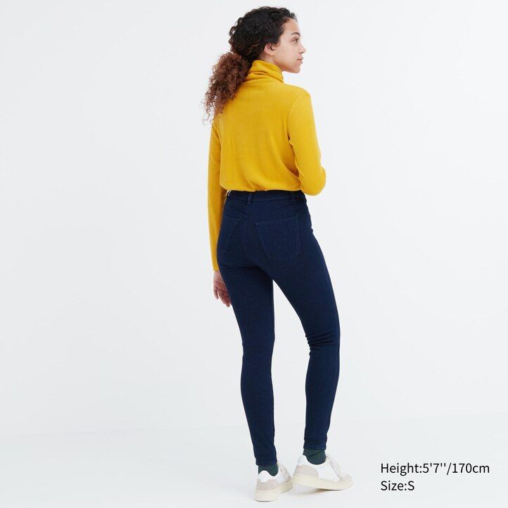 blå uniqlo heattech ultra stretch denim high rise damtopp