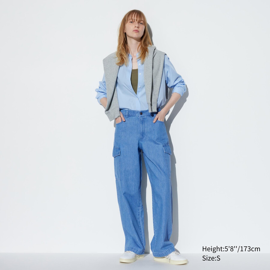 blå uniqlo denim breda raka legrgo damtoppar