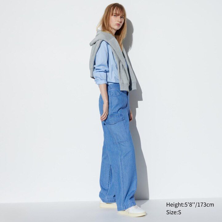 blå uniqlo denim breda raka legrgo damtoppar