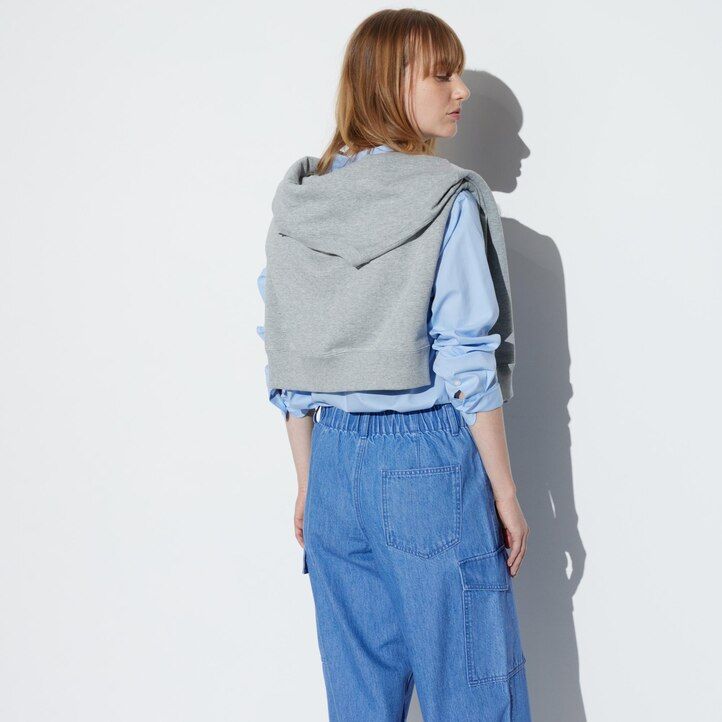 blå uniqlo denim breda raka legrgo damtoppar
