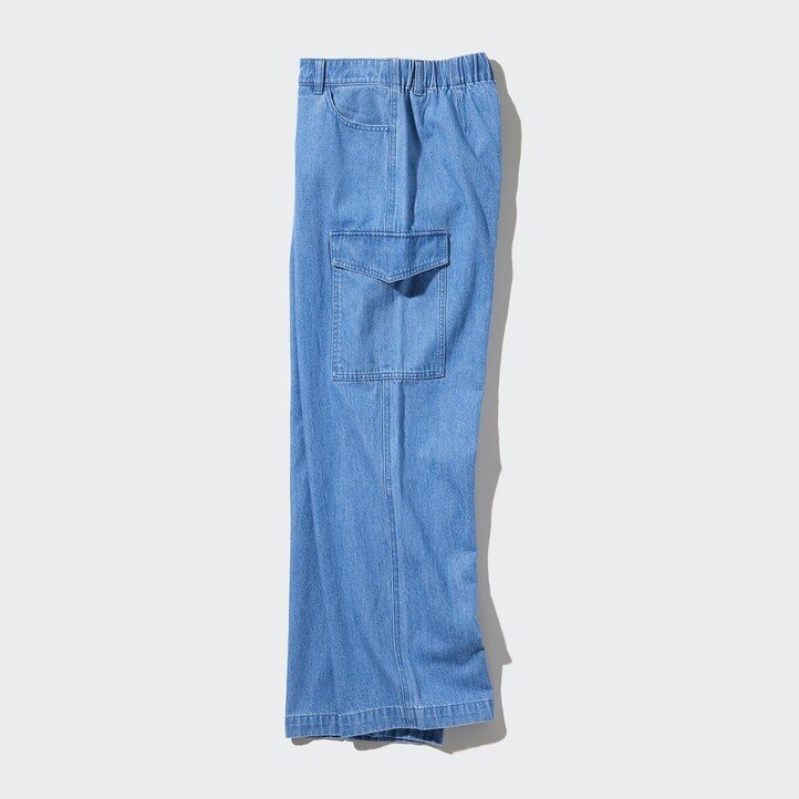 blå uniqlo denim breda raka legrgo damtoppar