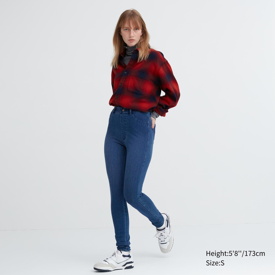 blå uniqlo heattech ultra stretch denim high rise damtopp