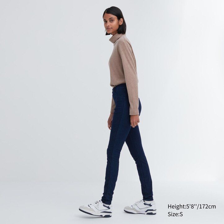 blå uniqlo heattech ultra stretch denim high rise damtopp