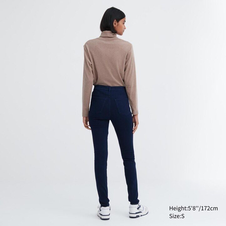blå uniqlo heattech ultra stretch denim high rise damtopp