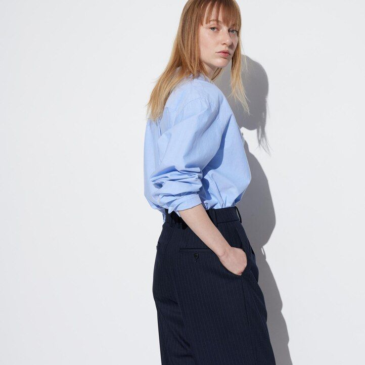 uniqlo plisserade randiga damtoppar marinblå