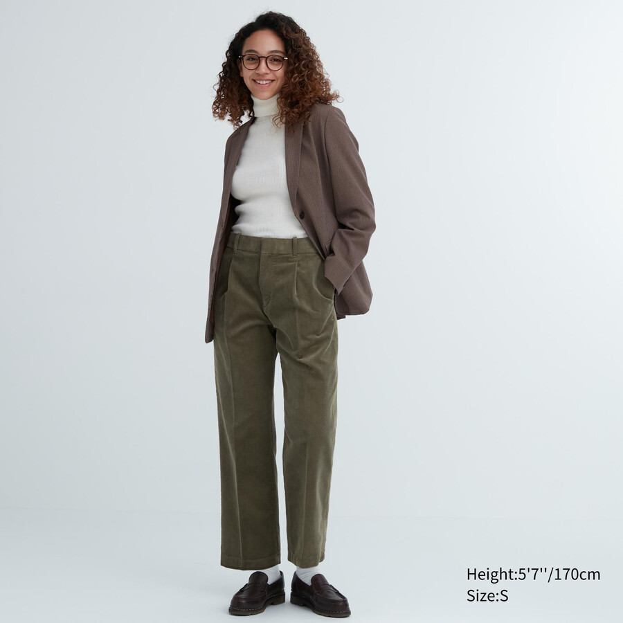 olivgrön uniqlo corduroy plisserade toppar med vida ben för dam