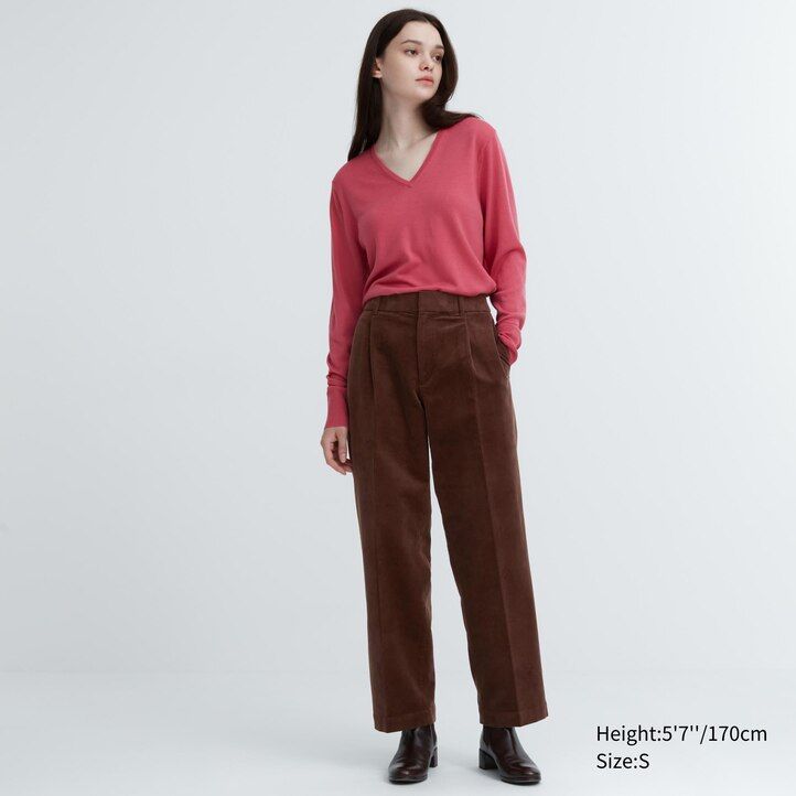 olivgrön uniqlo corduroy plisserade toppar med vida ben för dam